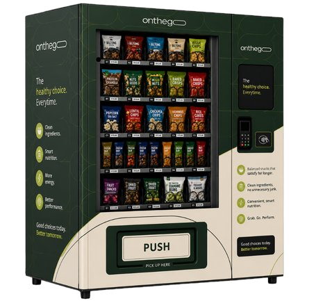 OnTheGo snack and beverage vending machine with forest green branding